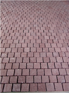 Porphyry Red Porfido Cubes, Mesh Cobbles Flamed