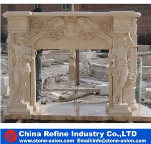 Beige Handcraft Carving Sculptured Fireplace