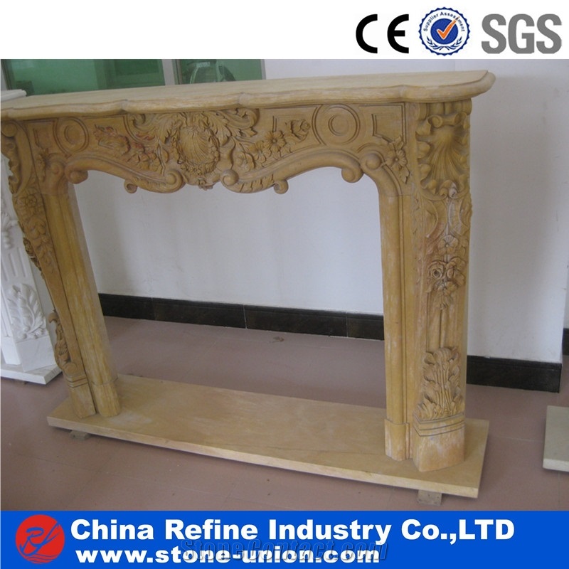 Beige Limestone Hand Carved Surround Fireplace
