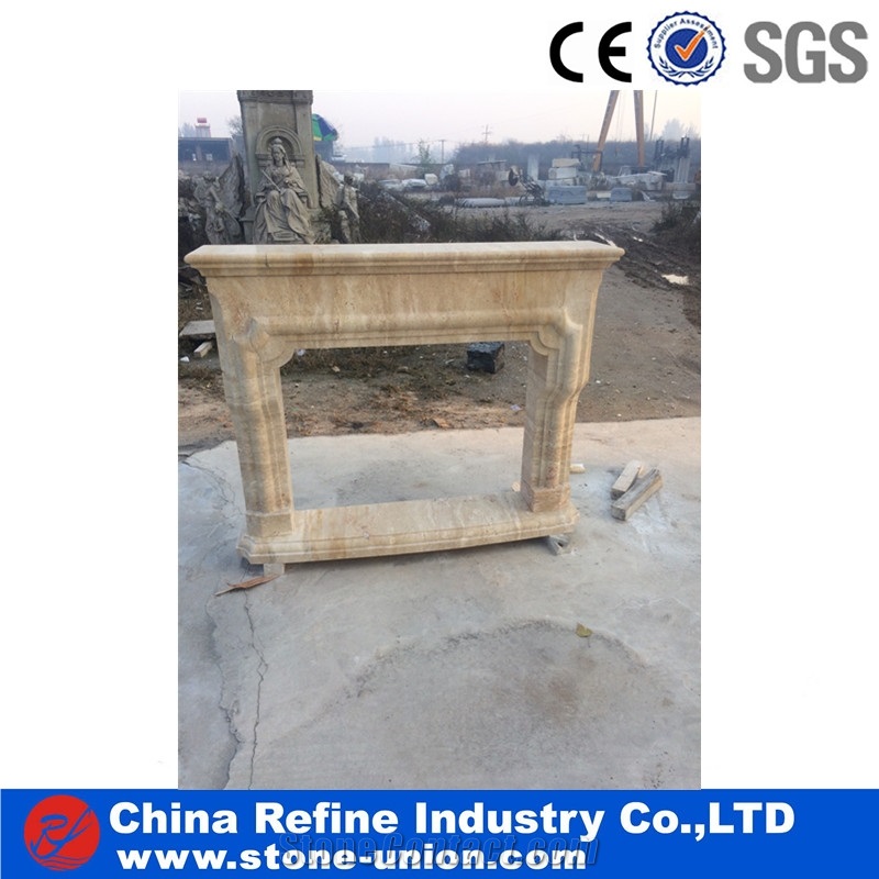 Beige Travertine Handcraft Carving Fireplace Cover