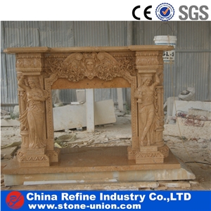 Chinese Yellow Beige Limestone Handcraft Fireplace