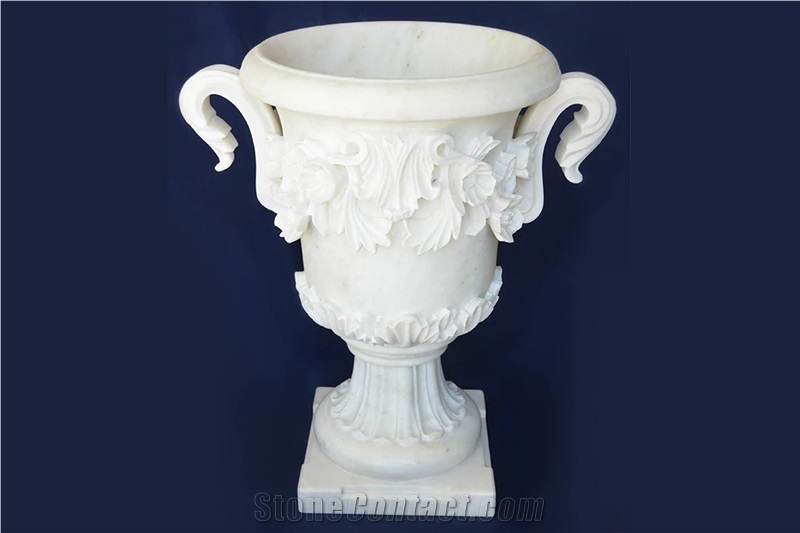 Hand Carving White Marble Flowerpots for Garden
