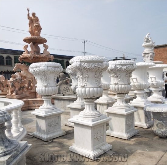 Hand Carving White Marble Flowerpots for Garden