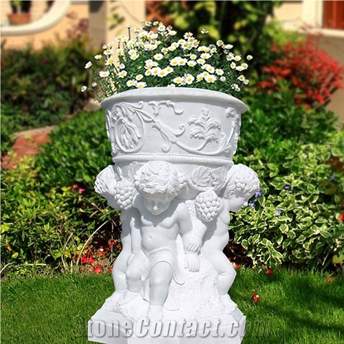 Hand Carving White Marble Flowerpots for Garden