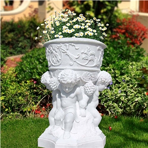 Hand Carving White Marble Flowerpots for Garden
