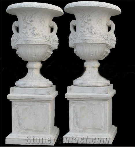 Outdoor Decorative Handcarved White Marble Planter