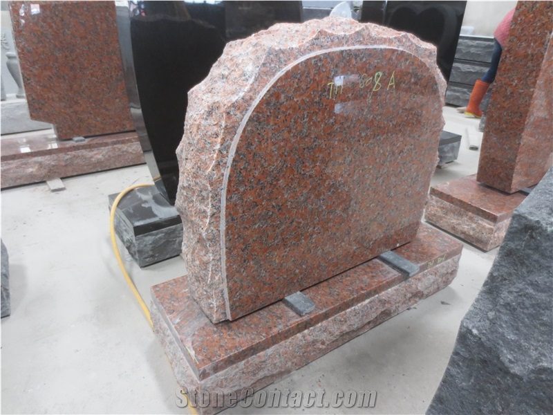 Maple Leaf Red Granite Engraved Upright Headstones