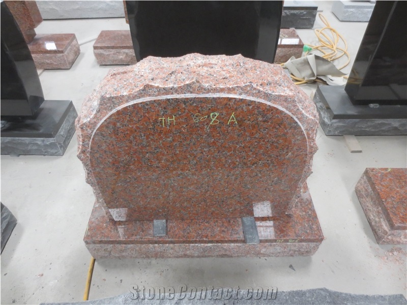 Maple Leaf Red Granite Engraved Upright Headstones