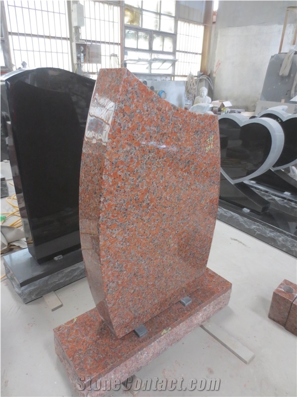 Maple Leaf Red Granite Engraved Upright Headstones