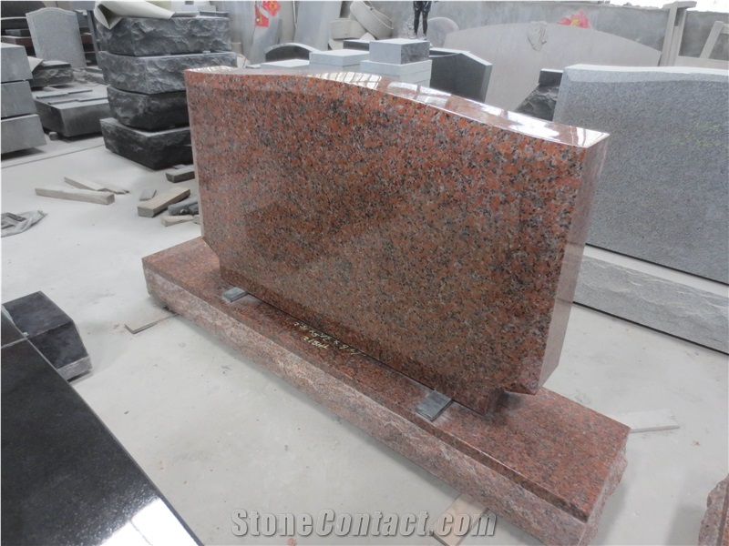 Maple Leaf Red Granite Engraved Upright Headstones