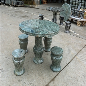 Garden Carved Green Onyx Table and Bench