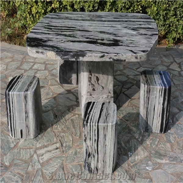 Garden Carved Green Onyx Table and Bench