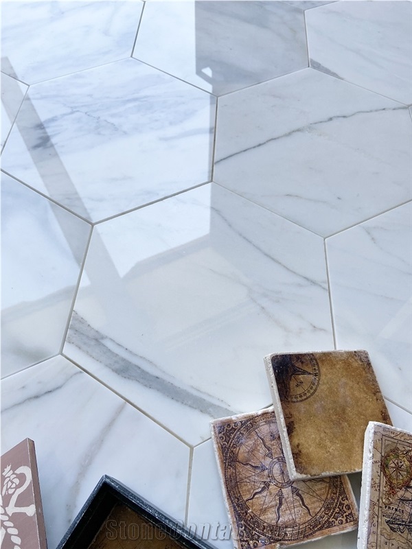 10" Hexagon Calacatta Oro Marble Polished Mosaic Tile