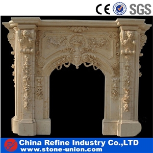 Beige Marble Sculptured Carving Fireplace Mantel