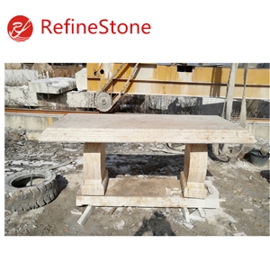 Chinese Large Outdoor Carve Beige Travertine Bench