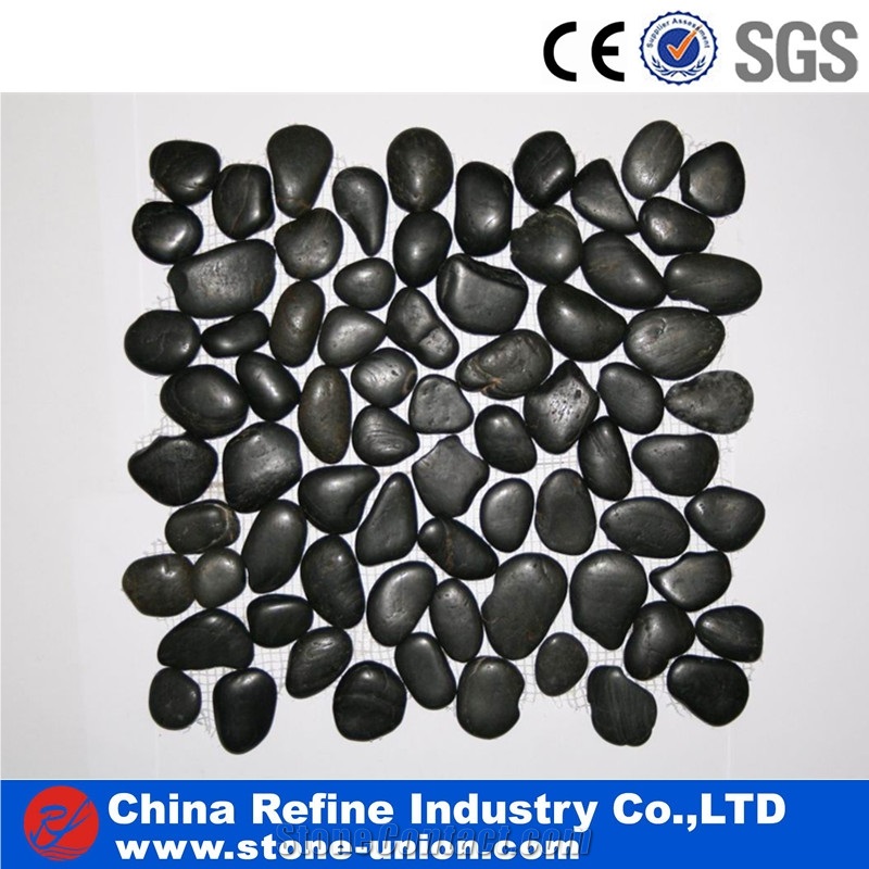 Polished Black River Pebble Stone Mesh on Back