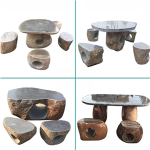 Black Basalt Stone Carving Garden Table and Chairs