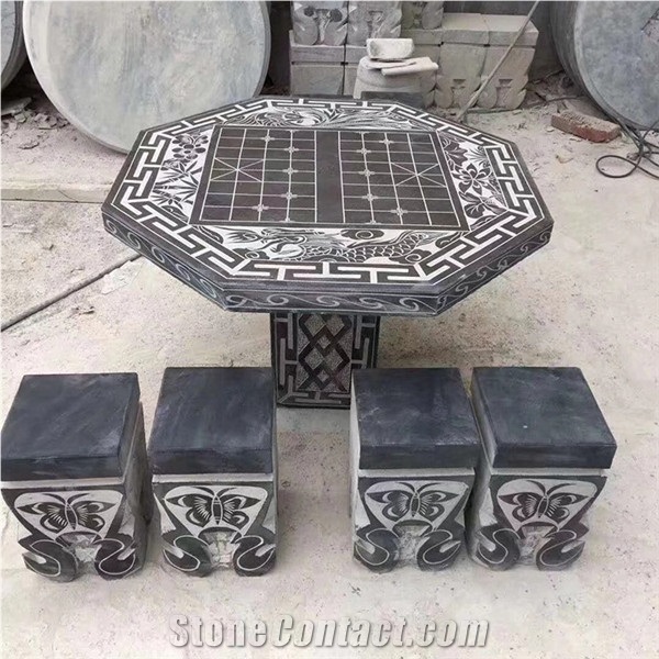 Black Limestone Table and Chairs for Garden