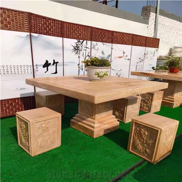 Outdoor Marble Pink Stone Square Table Sets
