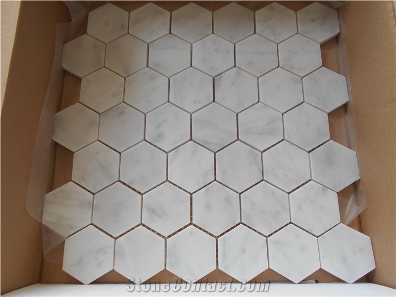 Carrara C White Marble Hexagon Mosaic Tiles