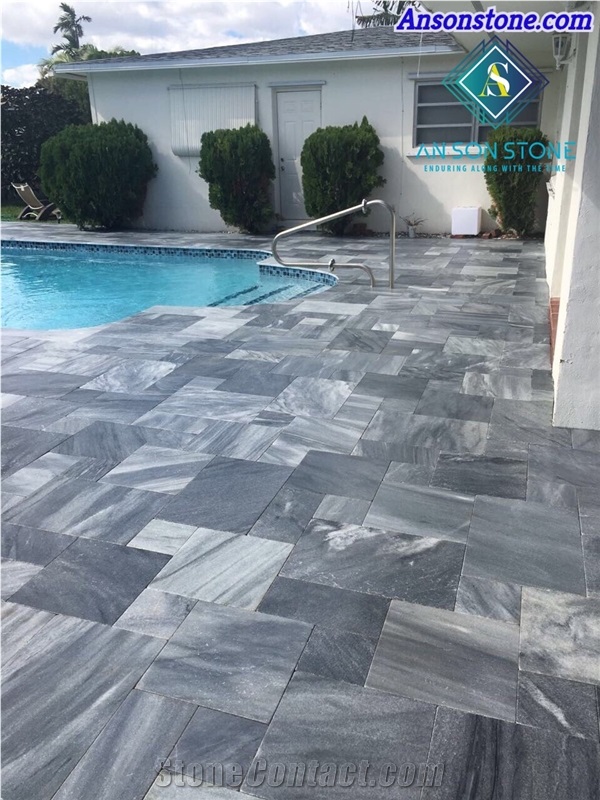 Marble French Pattern Black Stone Pool Peck Pavers, Pool Terraces