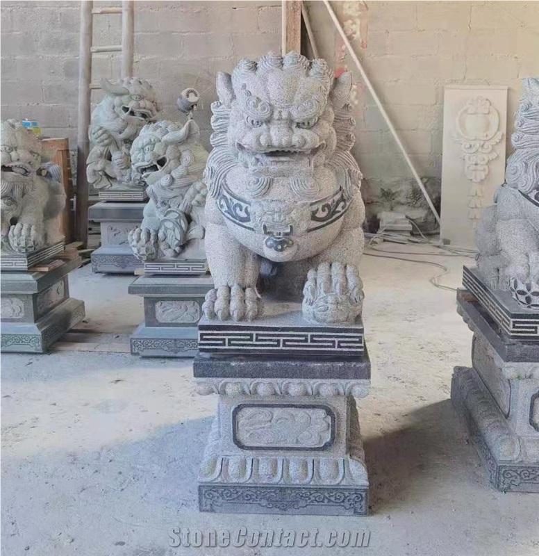 Black Granite Lions Guardian Carving Statues