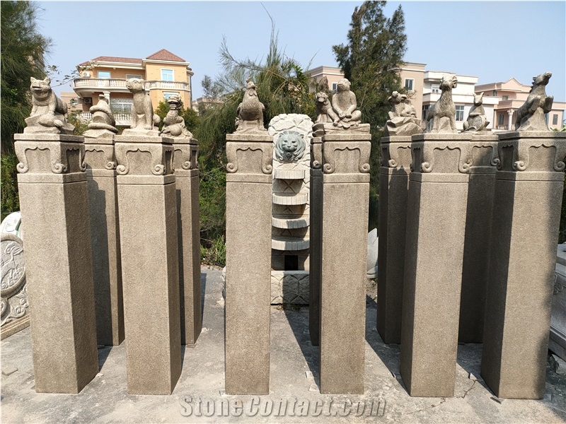 Chinese Zodiac Animal Sculptured Columns Pillars