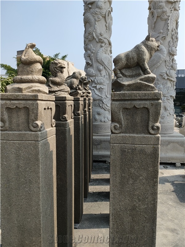 Chinese Zodiac Animal Sculptured Columns Pillars