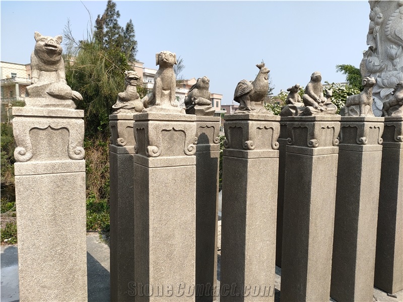 Chinese Zodiac Animal Sculptured Columns Pillars