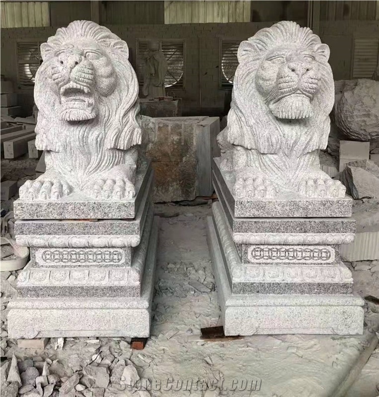 White Granite Garden Guardian Lion Sculpture