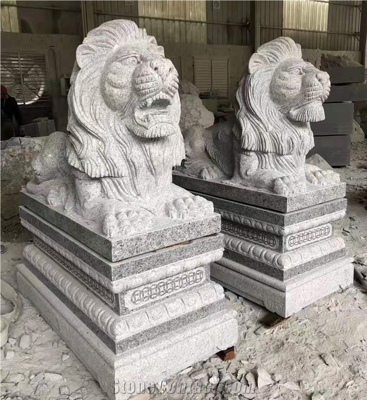 White Granite Garden Guardian Lion Sculpture