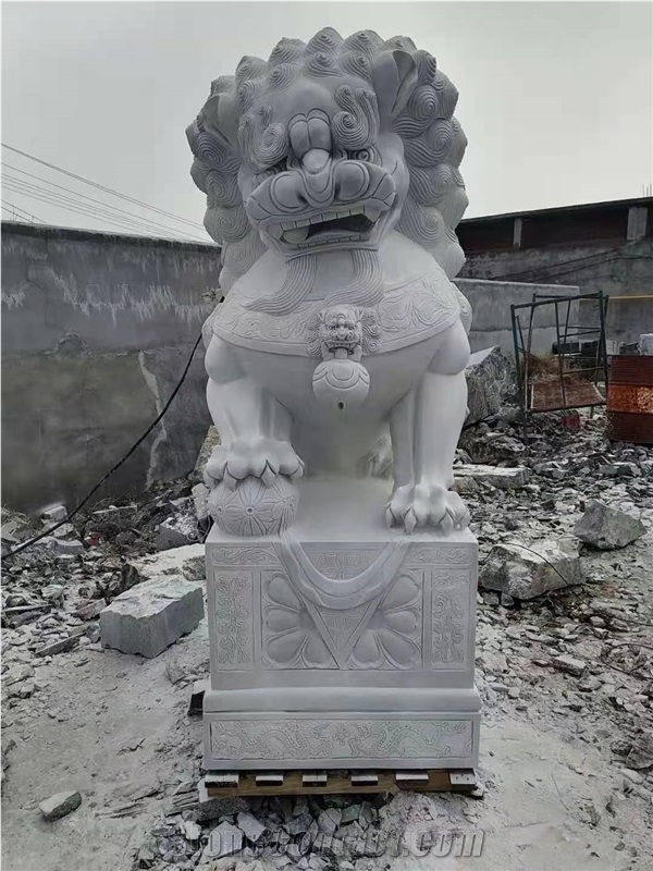 White Marble Big Lions Sculpture Street Statue