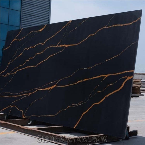 Black Quartz Artificial Marble Big Slab, Black Artificial Stone Golden Vein Slabs