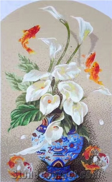 Beautiful Callalily Fishes and Vase Design Glass Mosaic Art