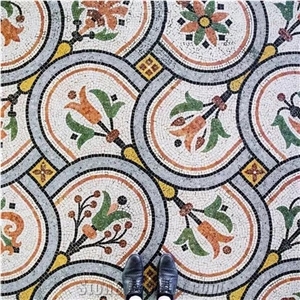 Colorful Flowers Design Glass Medallion for Floor