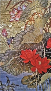 Little Pink and Red Lotus on Blue River Glass Mosaic Art Little Pink and Red Lotus on Blue River Glass Mosaic Art