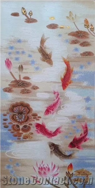 Little Pink Lotus and Fishes with Green Leaves Glass Mosaic