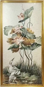 Lotus with Cranes on the River Glass Mosaic Art
