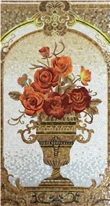 New Design Pattern Of Red Flowers and Vase Glass Mosaic Art