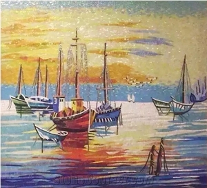 Sunset Sailboat Glass Mosaic Art Medallion