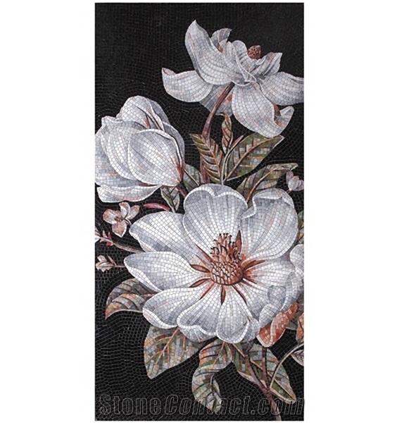 White Black Grey Design Of Peony Flowers Glass Mosaic Art