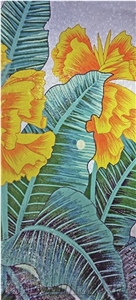 Yellow Flowers with Green Leaves Glass Mosaic Artworks