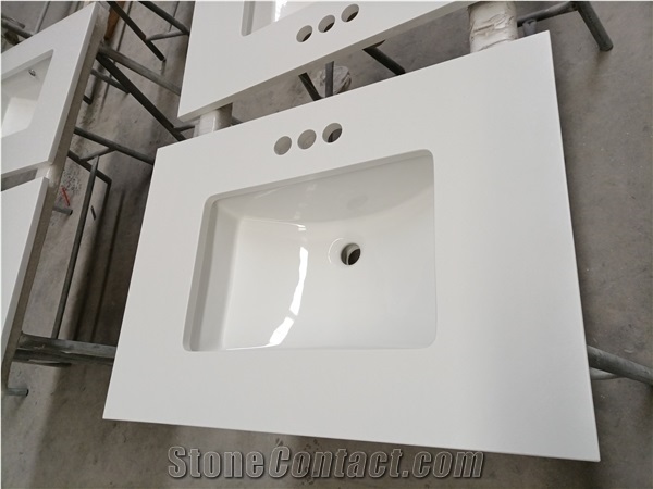 White Quartz Stone Bathroom Vanity Units Installed Sinks