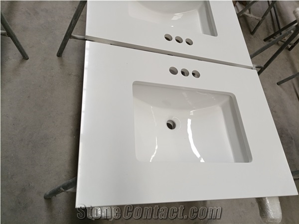 White Quartz Stone Bathroom Vanity Units Installed Sinks