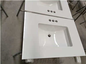 White Quartz Stone Bathroom Vanity Units Installed Sinks