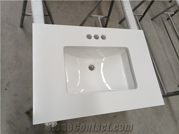 White Quartz Stone Bathroom Vanity Units Installed Sinks