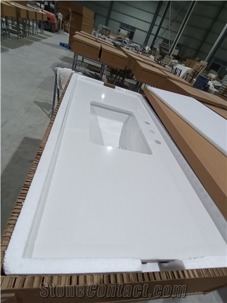 White Quartz Stone Bathroom Vanity Units Installed Sinks
