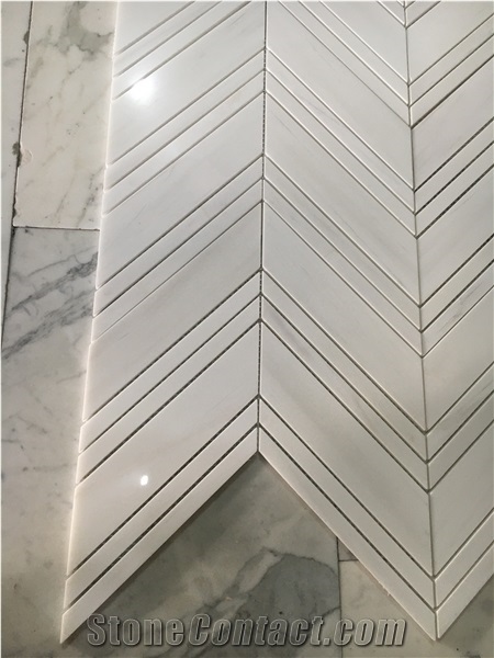Chevron Large Dolomite White Marble Mosaic Tile Backsplash
