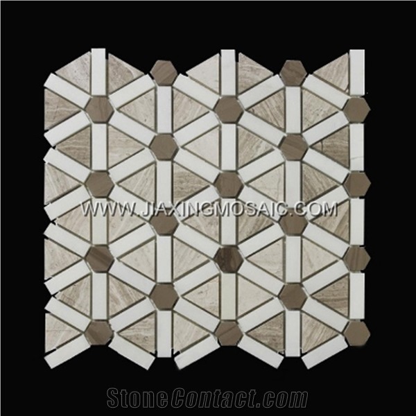 Wooden White Polised Triangle Waterjet Marble Mosaic Tiles