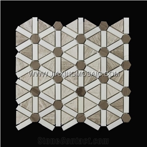 Wooden White Polised Triangle Waterjet Marble Mosaic Tiles